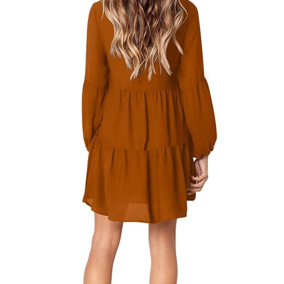 Long Sleeve Tunic Dress V Neck Swing Shift Dresses(Brown,Small) - Picture 2 of 3
